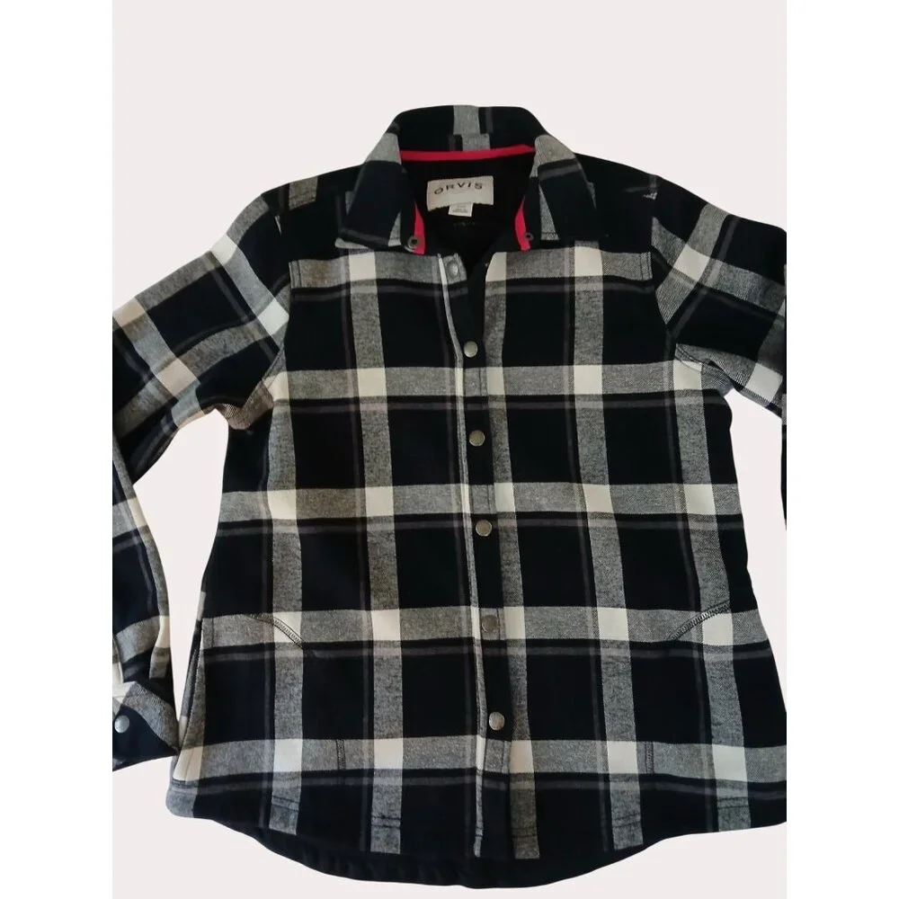 Orvis Womens Plaid Flannel Shirt Jacket Black Gray Snap Button Front S Pockets - Picture 8 of 16